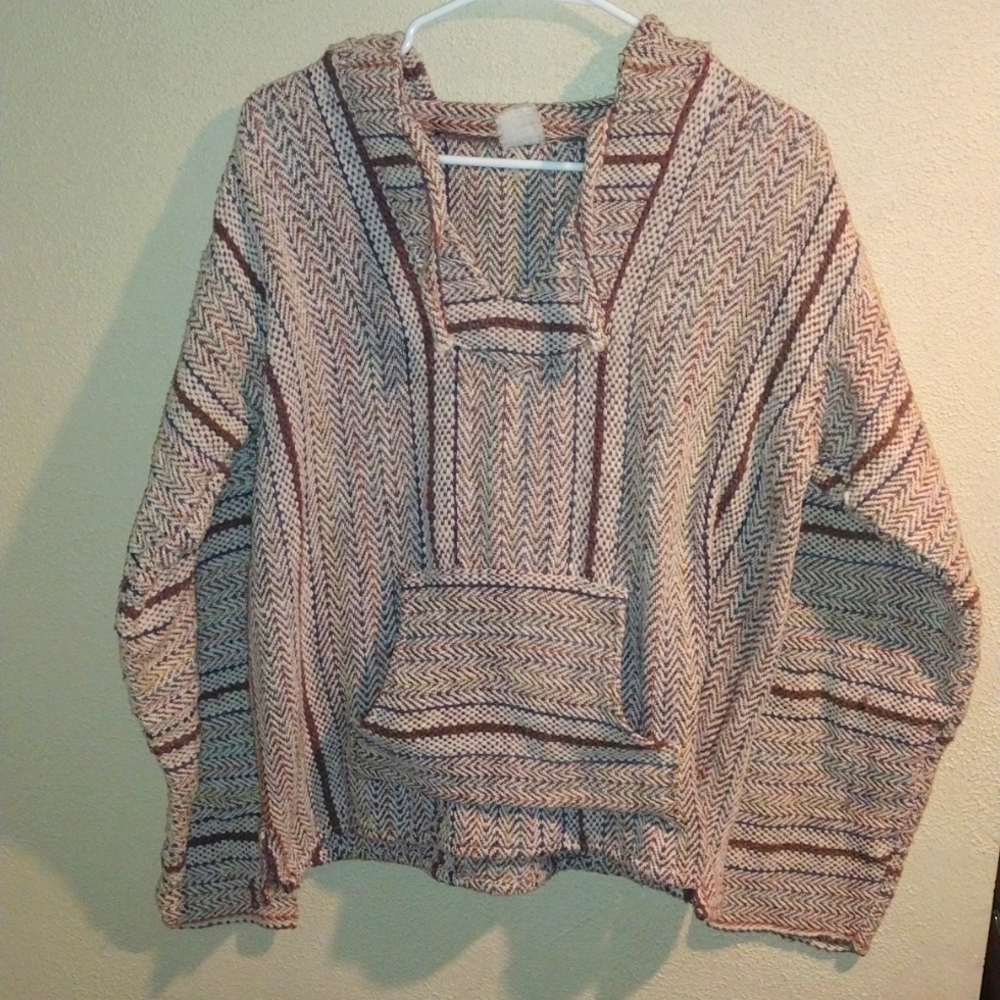 Vintage Boho Hooded Pullover 100% Cotton Made in Mexico M
